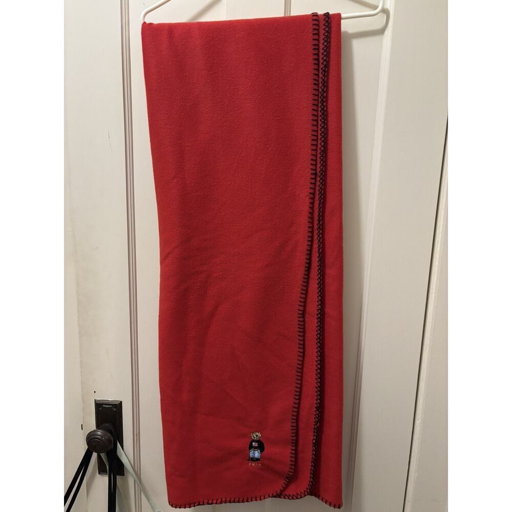 Ralph Lauren Polo Bear Fleece Blanket Throw Whipstitch‎ Vtg Y2K Red 54" x 70"